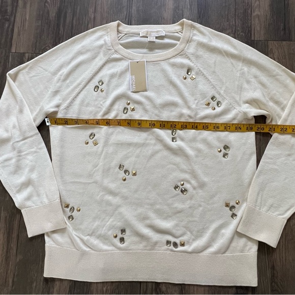 NWT Michael Kors Crewneck Embellished Gen Stone Cream Long Sleeve Knit Sweater M - Picture 14 of 14
